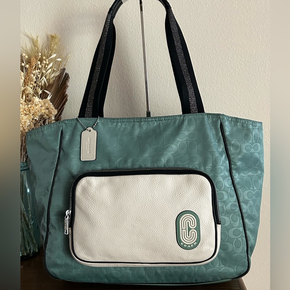 COACH Court Color Block Nylon in Washed Green w/Leather Trim Zip Top Tote Bag